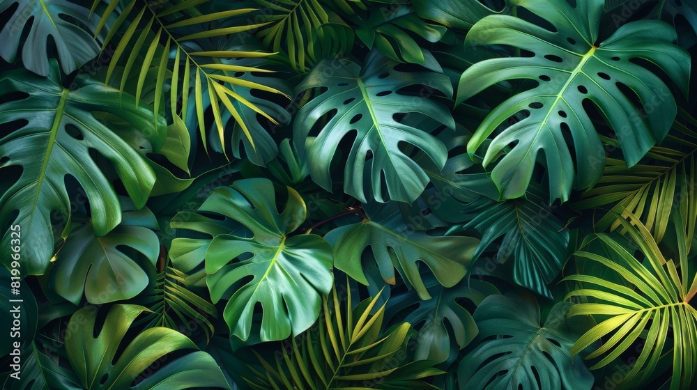 A detailed and realistic seamless pattern featuring abstract tropical leaves. The composition includes palm fronds, monstera leaves, and other exotic foliage in vibrant green tones with subtle hints