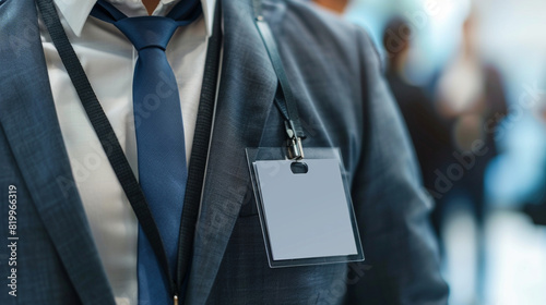 A close-up of a stylish name badge with a lanyard, prominently displaying the employeeâs name and position. photo