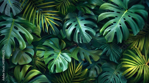 A detailed and realistic seamless pattern featuring abstract tropical leaves. The composition includes palm fronds  monstera leaves  and other exotic foliage in vibrant green tones with subtle hints