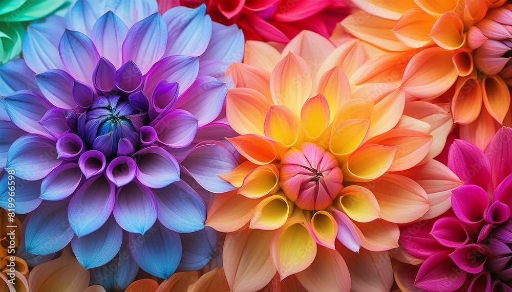 closeup view of vibrant and colorful dahlia petals in full bloom showing nature artistry and beauty. closeup view of vibrant and colorful dahlia petals in full bloom showing nature artistry and beauty.
