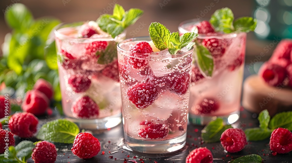 Fruit arranged in three glasses of pink and white drink, garnished with fresh mint leaves and surrounded by raspberries on the table.
Fruit arranged in three glasses of pink and white drink, garnished with fresh mint leaves and surrounded by raspberries on the table.