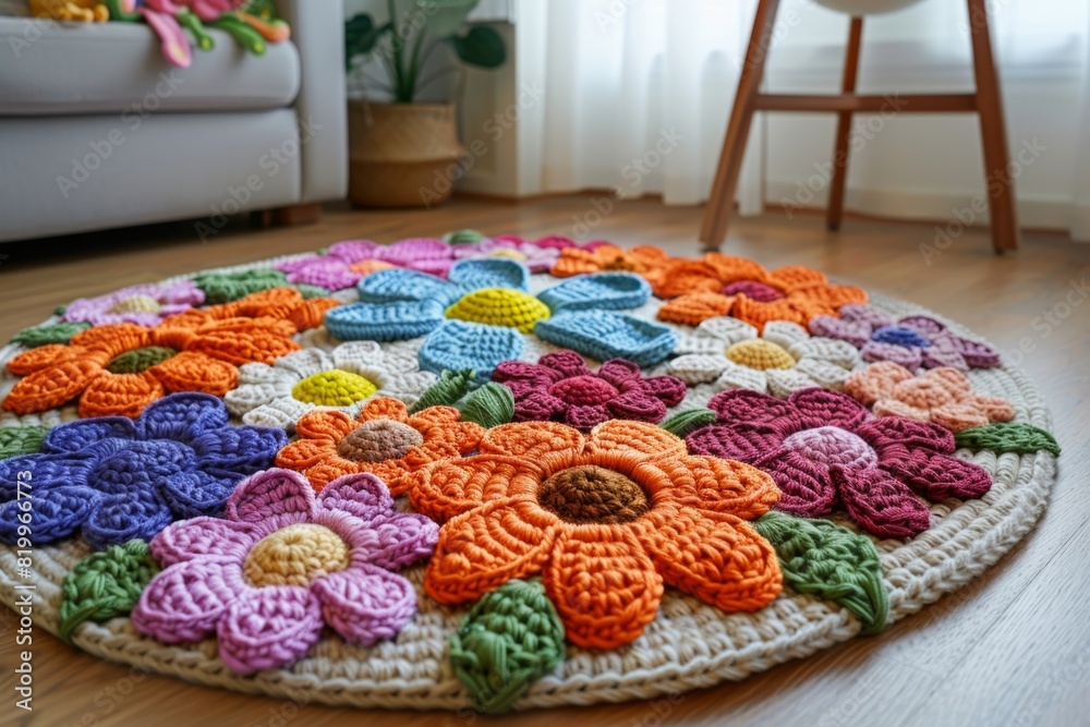 Children's crochet rug with colored flowers in the children's room