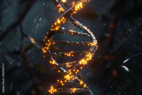 Illuminated DNA helix glowing in a dark background for a sci-fi feel.