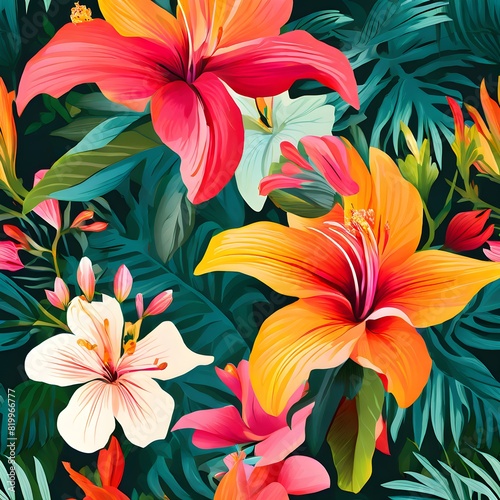 Lush floral pattern with vivid flowers and leaves
