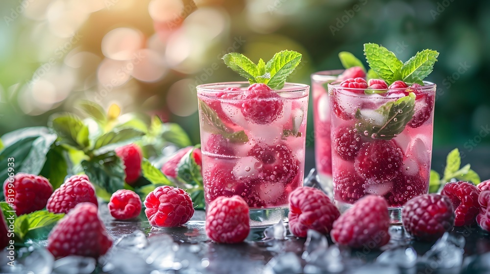 Fruit arranged in three glasses of pink and white drink, garnished with fresh mint leaves and surrounded by raspberries on the table.
Fruit arranged in three glasses of pink and white drink, garnished with fresh mint leaves and surrounded by raspberries on the table.