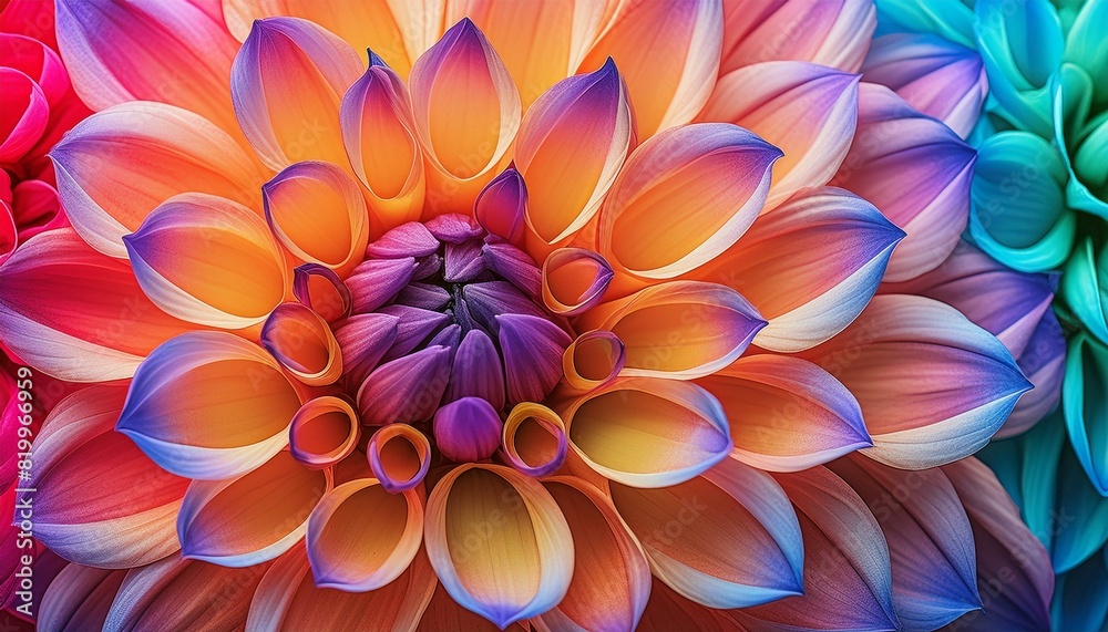 closeup view of vibrant and colorful dahlia petals in full bloom showing nature artistry and beauty. closeup view of vibrant and colorful dahlia petals in full bloom showing nature artistry and beauty.