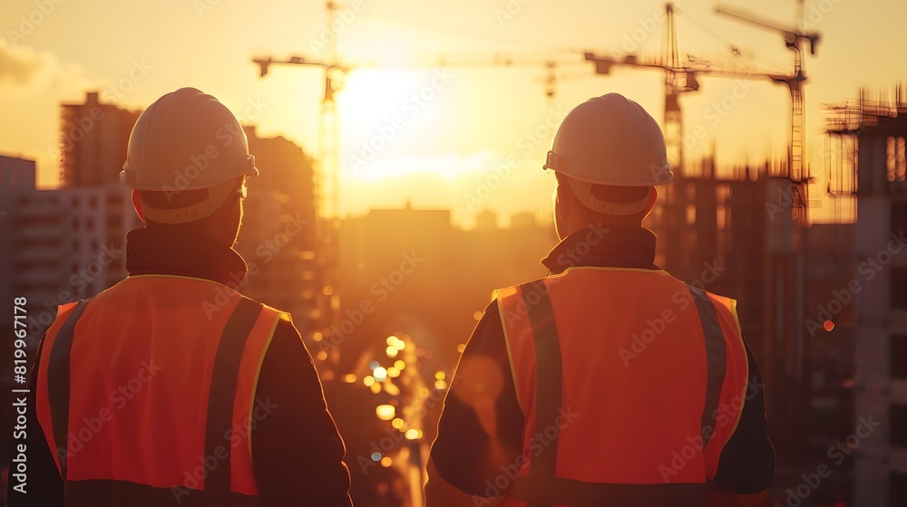 Two construction workers in high visibility gear and white hard hats, standing on an urban building site with cranes and new buildings under construction in the background.
