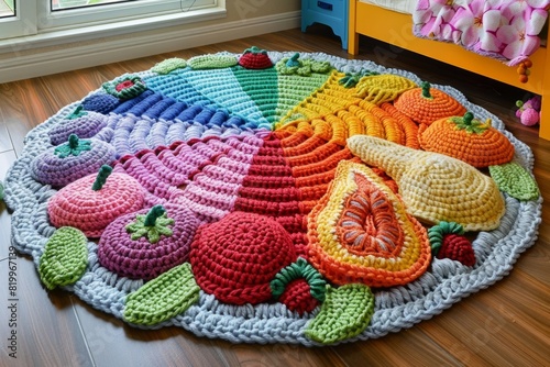 Children's colorful crochet rug in the interior of the room