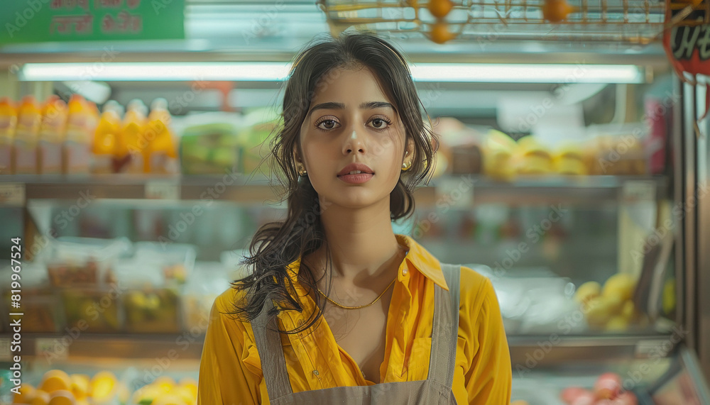 young indian girl standing at super market