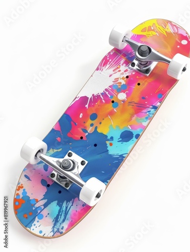 a random color skateboard with random pointer color on side of skateboard, white background