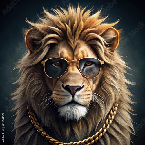 Stylish Lion Wearing Sunglasses and Chain. Generative AI