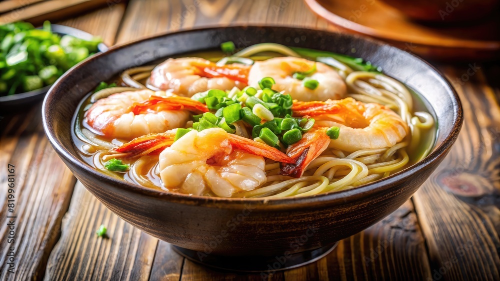 Bowl of Shrimp Noodle Soup on Wooden Table. Generative AI Bowl of Shrimp Noodle Soup on Wooden Table. Generative AI