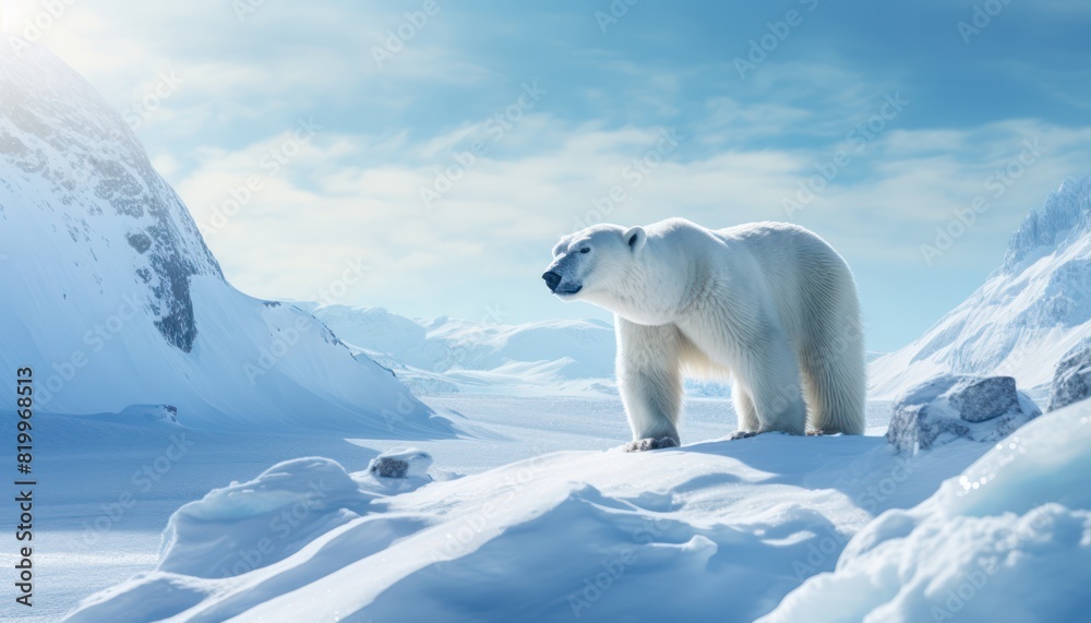 Polar bears walks in extreme winter weather, standing above snow with a view of the frost mountains Polar bears walks in extreme winter weather, standing above snow with a view of the frost mountains