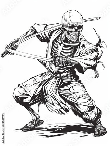 Fierce Skeleton Samurai Wielding Dual Swords in Battle Stance