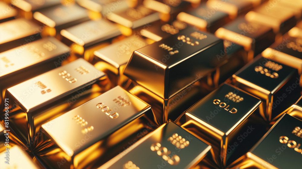 Stacks of pure gold bar on dark background. Represent business and finance concept idea, generative ai Stacks of pure gold bar on dark background. Represent business and finance concept idea, generative ai