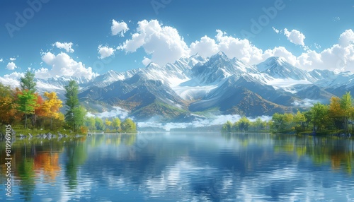 Scenic mountain lake with crystal-clear water and majestic snowy peaks under a vibrant blue sky on a clear sunny day.