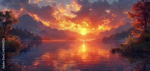 Scenic sunrise over a serene lake with mountains and colorful clouds in the background, creating a tranquil and mesmerizing landscape view.