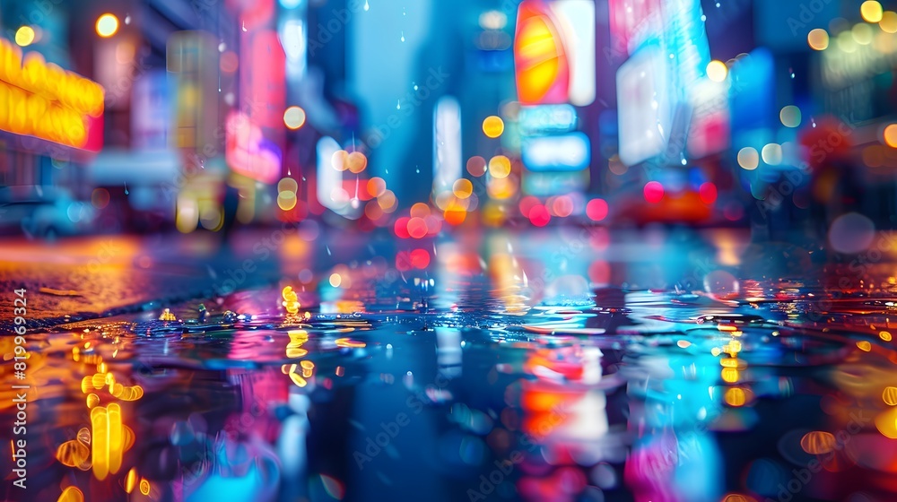 City street with lights reflecting on wet pavement, blurred background showing people walking and buildings in the rain at night, depth of field effect.
City street with lights reflecting on wet pavement, blurred background showing people walking and buildings in the rain at night, depth of field effect.