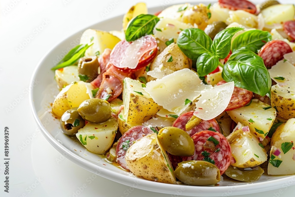Green Olives and Fresh Basil Adding Pops of Color to Antipasti Potato Salad Green Olives and Fresh Basil Adding Pops of Color to Antipasti Potato Salad