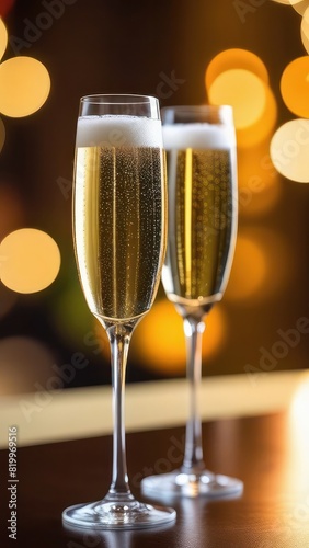 Two champagne glasses filled with bubbly champagne against a bokeh background of warm lights. The image captures a festive and celebratory mood, perfect for parties and special occasions