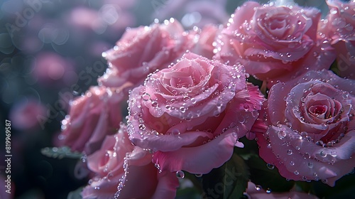 Pink roses with water droplets on them, arranged in an elegant display of love and romance. 
