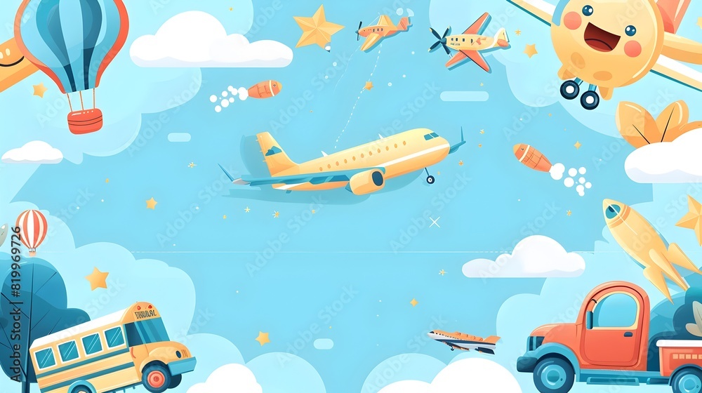 Naklejka premium Whimsical Travel Adventure with Planes Balloons and Clouds in Vibrant Sky Scene