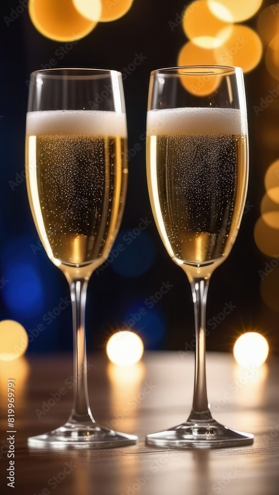 Two champagne glasses filled with bubbly champagne against a bokeh background of warm lights. The image captures a festive and celebratory mood, perfect for parties and special occasions Two champagne glasses filled with bubbly champagne against a bokeh background of warm lights. The image captures a festive and celebratory mood, perfect for parties and special occasions