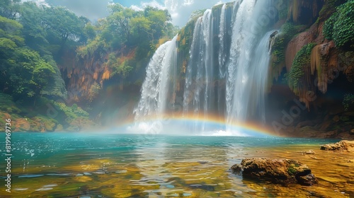 Stunning waterfall cascading into a serene pool with a rainbow arching over  surrounded by lush greenery and rocky formations.