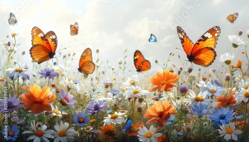 Vibrant butterflies fluttering over a colorful flower field on a sunny day  creating a picturesque and serene natural scene.