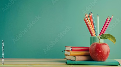 Back to school concept with books, colored pencils and apple on table against green background with copy space for text or as a mockup template.