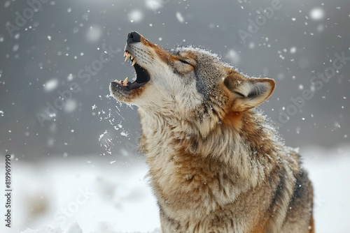 A wolf howling in the snow against a white background