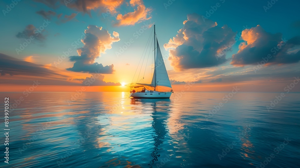Fototapeta premium Sailing yacht in the ocean at sunset. The boat is floating on calm water, with blue sky and clouds above it. 
