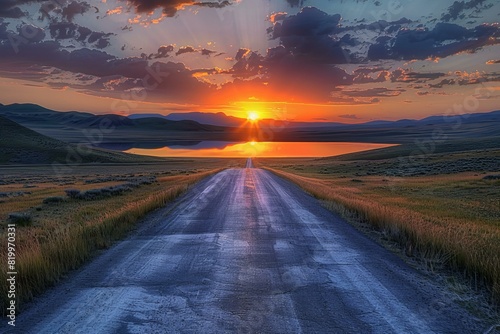 An empty road going towards a lake and sunset, high quality, high resolution photo
