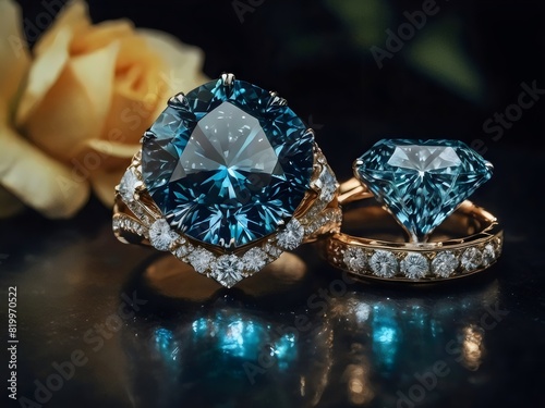 Elegant jewelry ring with luxury blue diamonds on the dark background. 