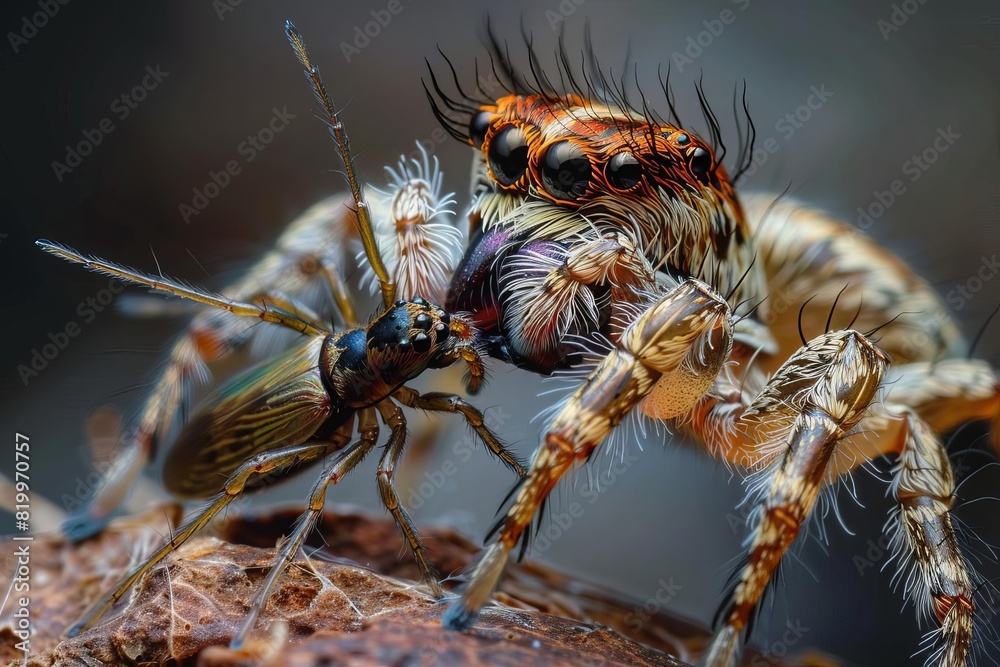 Fototapeta premium A close up of a jumping spider with a fly in its jaws.