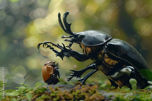 A large rhinoceros beetle towers over a smaller beetle, its pincers raised in a threatening manner. The smaller beetle cowers in fear, its antennae trembling. photo