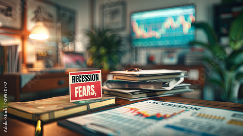 image of a financial report on a desk, with a large, bold sticker saying "RECESSION FEARS," sticking out amongst the pages