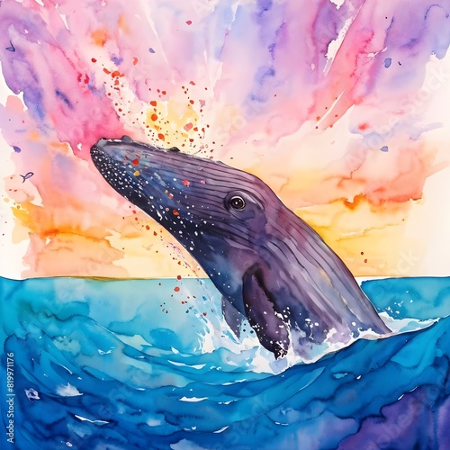 whale jumping in water watercolor