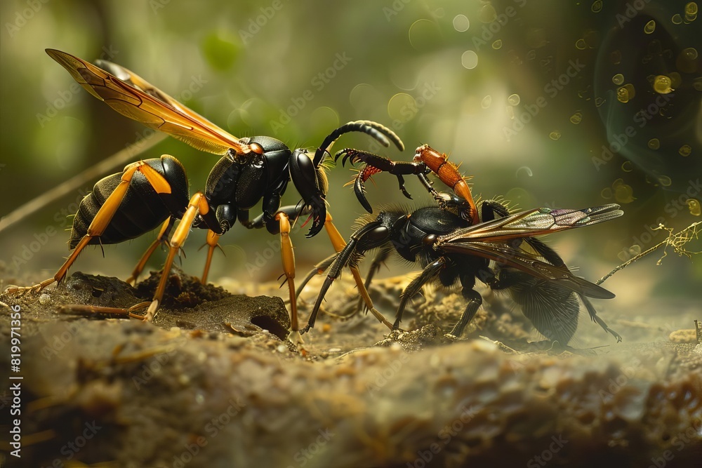 A wasp drags a much smaller prey across the forest floor