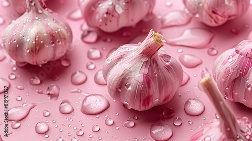 Equally Spaced Garlic Clove Droplets on Light Background - High Flash Style Advertising Image