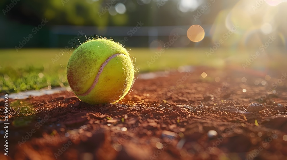 Tennis ball on the tennis court, closeup shot of green grass and red clay ground with sunlight. Banner for sport advertising or stock photo in the style of sport. 
