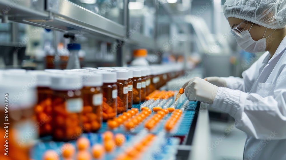 In a contemporary pharmaceutical manufacturing plant, an employee in protective attire meticulously organizes medicine bottles, illustrating the sectors precise manufacturing method In a contemporary pharmaceutical manufacturing plant, an employee in protective attire meticulously organizes medicine bottles, illustrating the sectors precise manufacturing method