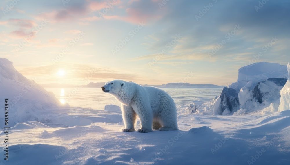Polar bears walks in extreme winter weather, standing above snow with a view of the frost mountains Polar bears walks in extreme winter weather, standing above snow with a view of the frost mountains
