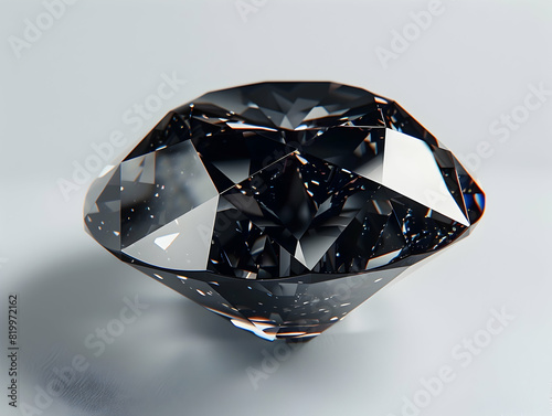 A highly detailed close-up of a rendered black diamond on a soft-lit neutral background