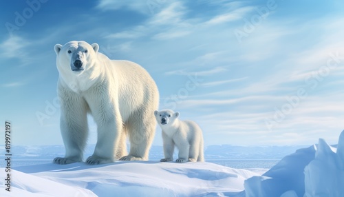 Polar bears walks in extreme winter weather  standing above snow with a view of the frost mountains