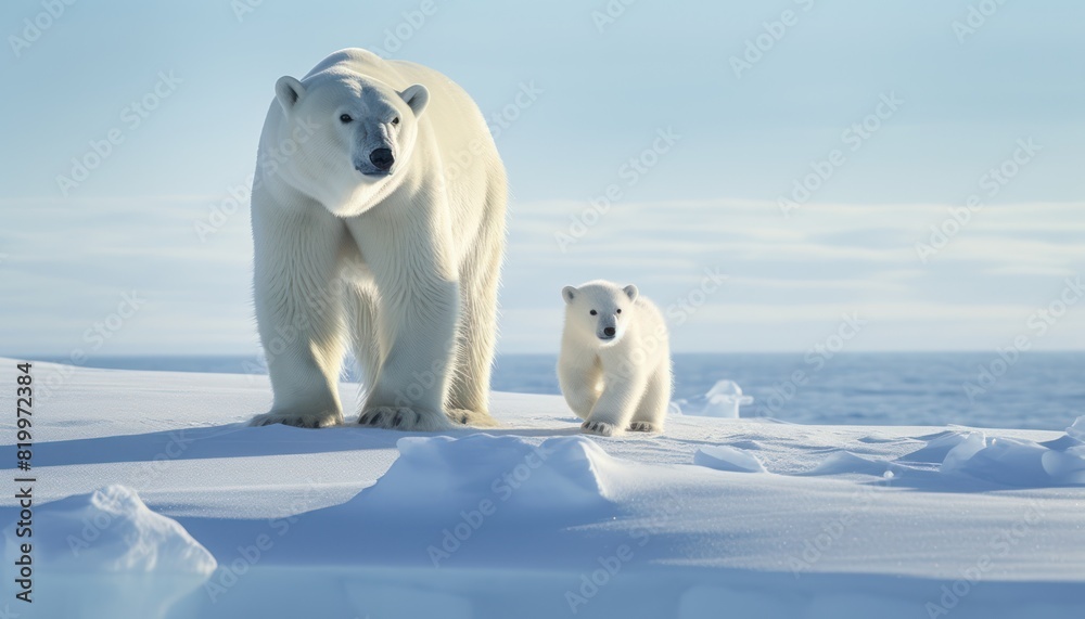 Polar bears walks in extreme winter weather, standing above snow with a view of the frost mountains