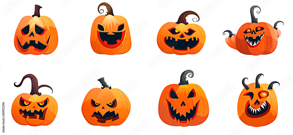 Spooky and cute: Cartoon Jack O’Lantern collection in cartoon style isolated on transparent background. Spooky and cute: Cartoon Jack O’Lantern collection in cartoon style isolated on transparent background.