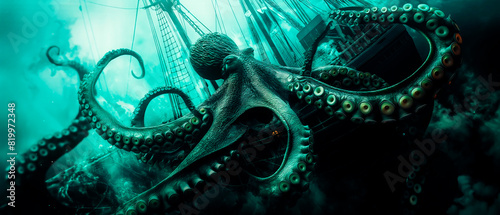 A giant octopus or squid and sunken ancient ship in abyssal depts. photo