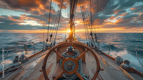 The view from the deck of an elegant sailboat, with a colorful sunset sky and calm ocean waters in the background. 