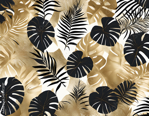 Gold tropical leaves patterned background © lazareliu
